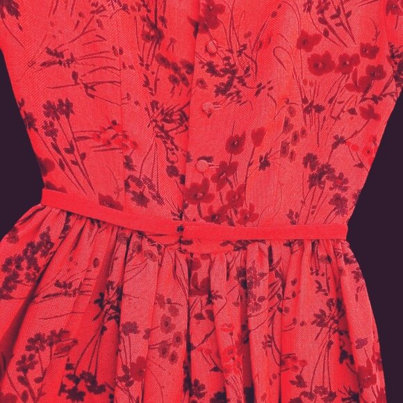 Vintage Lanz Dress 60s Fit and Flare XS Red Floral Wool Linen With Pockets - Picture 8 of 14